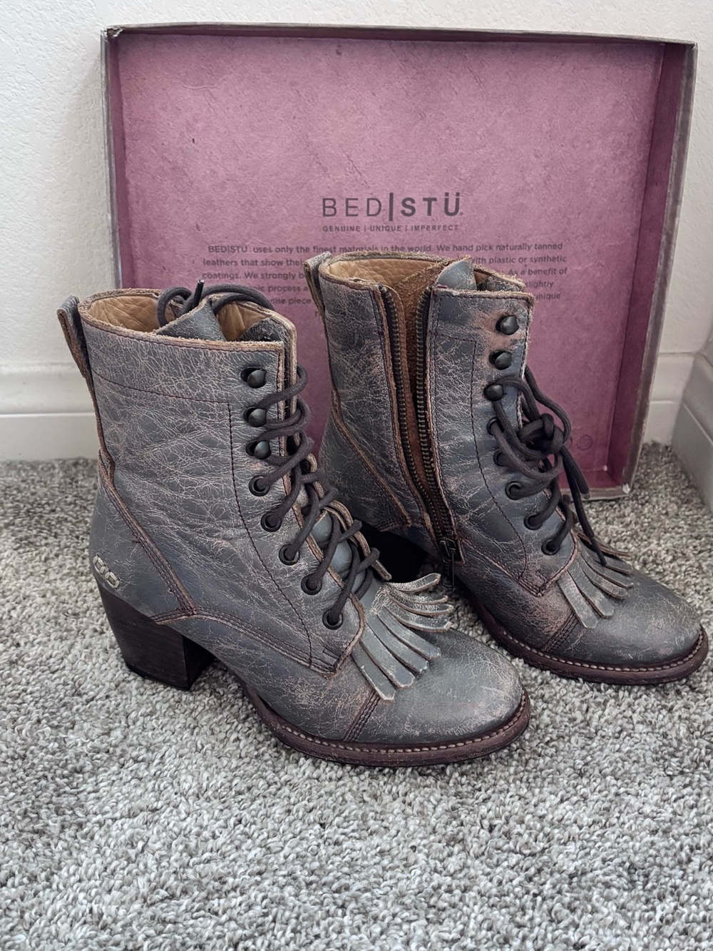 BED STU Gray Leather Fringe Lace-Up Ankle Boots